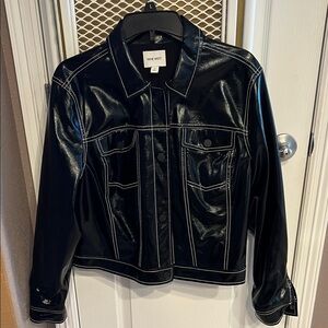 Nine West Black Faux Leather Jean Jacket with White Contrast Stitching